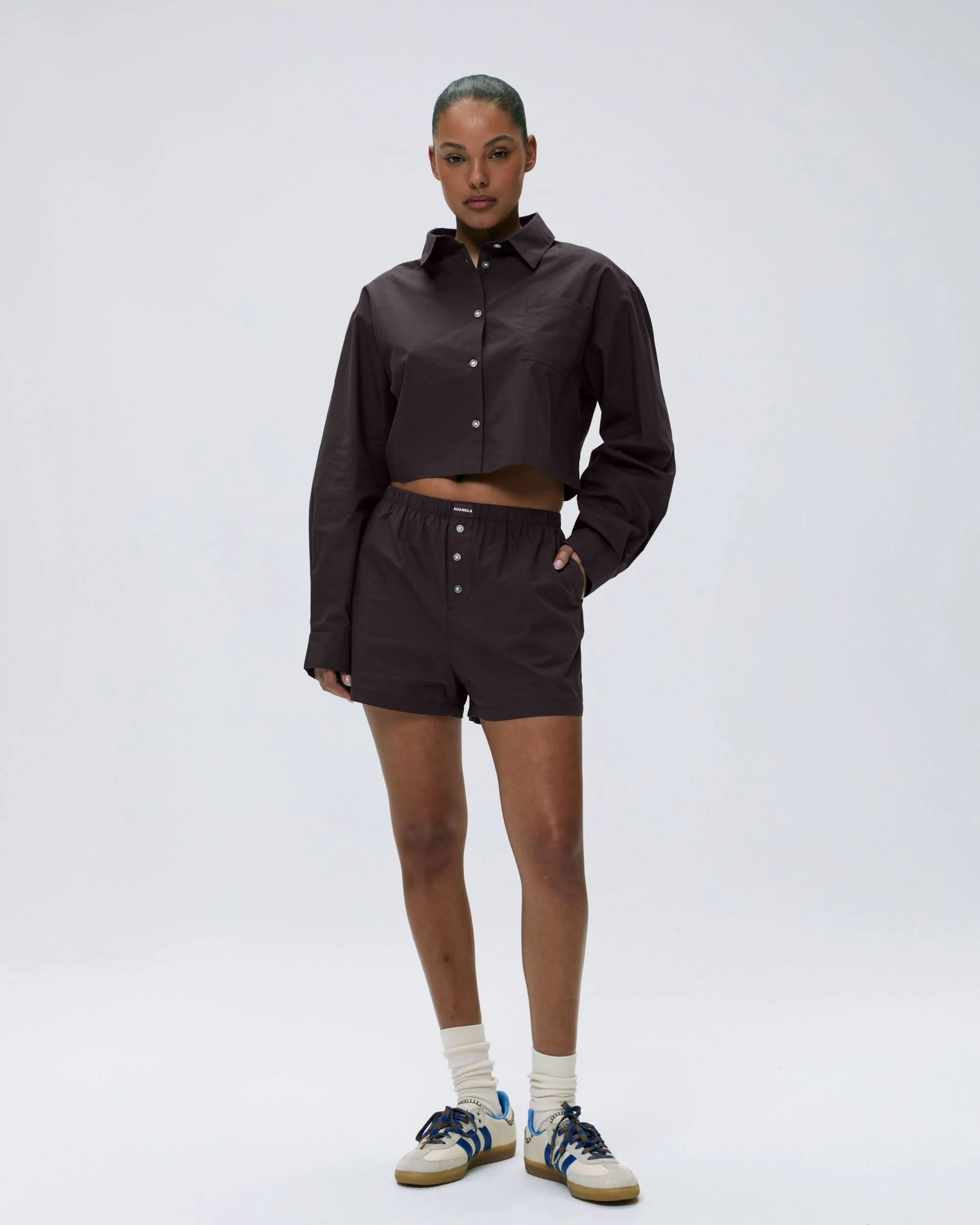 Cotton Cropped Shirt - Coffee Bean - Image 5