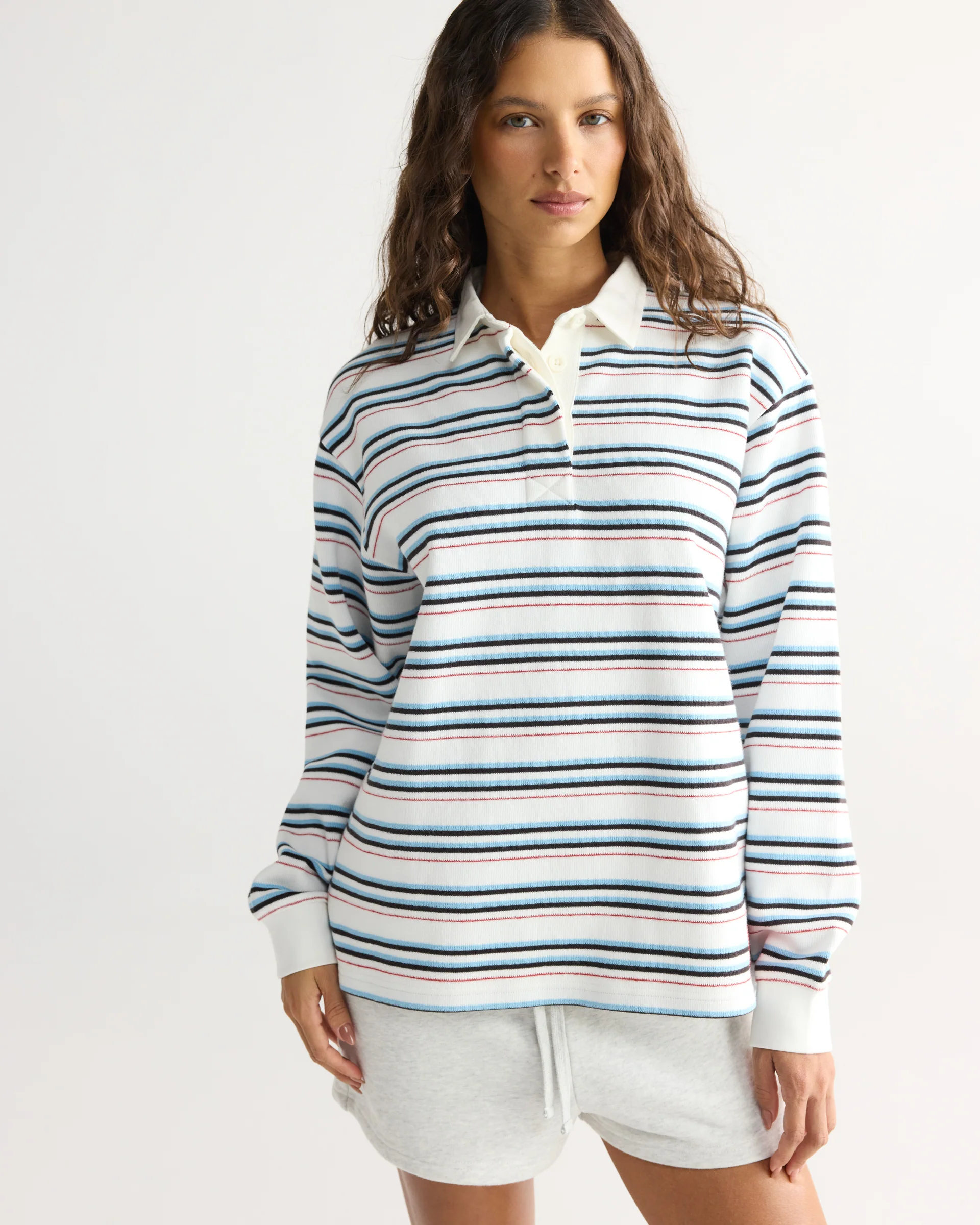 Varsity Oversized Stripe Rugby Top - Airy Blue/Marshmallow White - Image 5