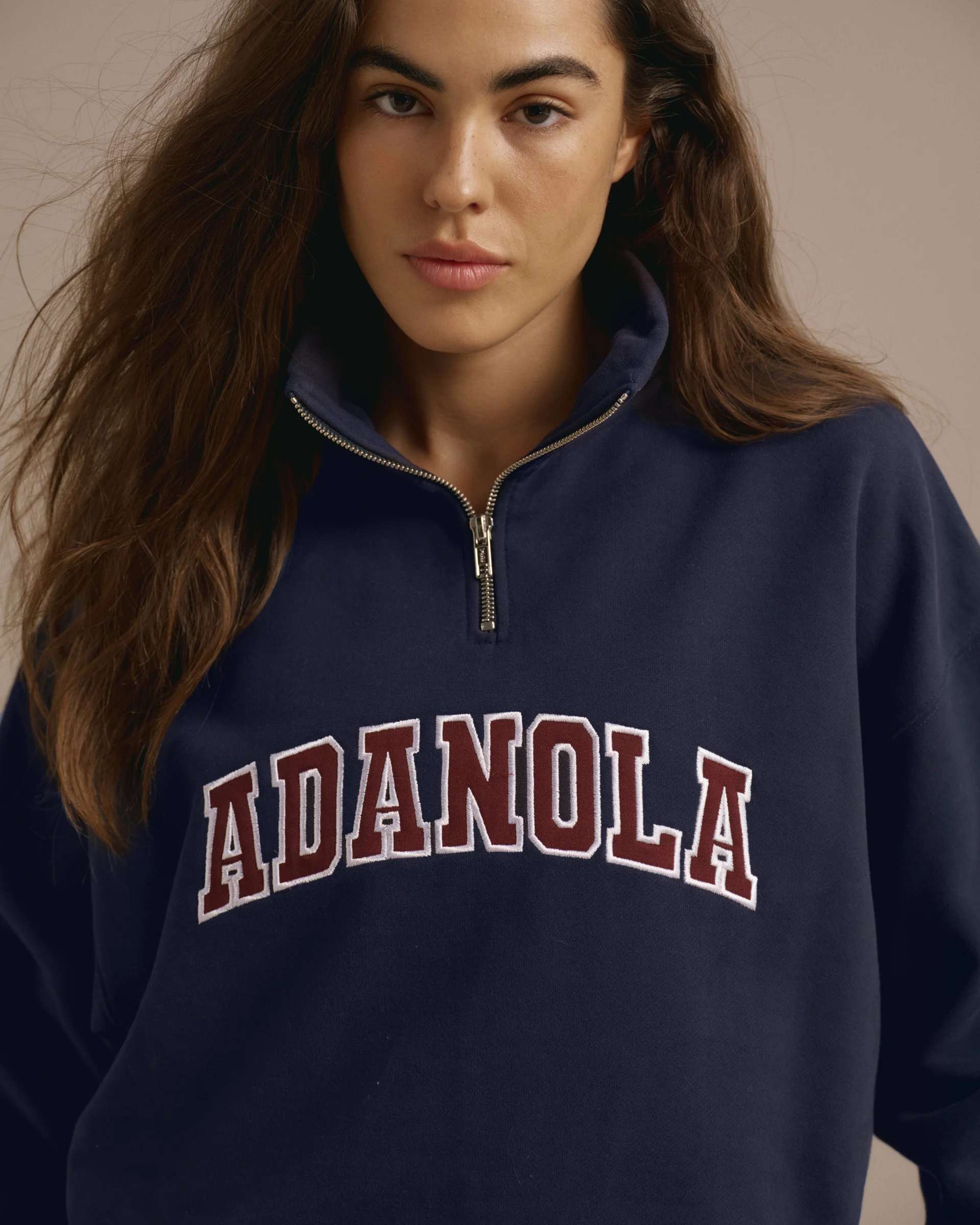Varsity Relaxed Funnel Neck Zip Sweatshirt - Navy Blue/Burgundy - Image 3